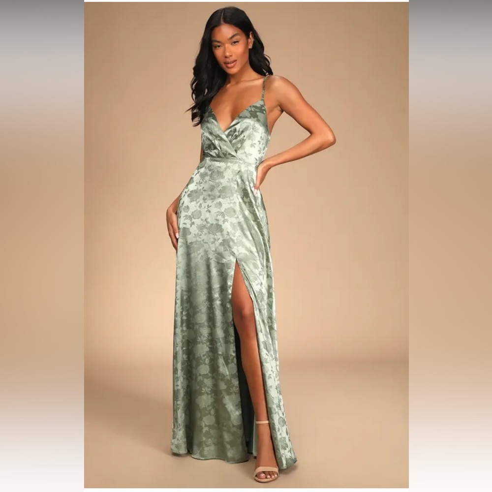 Forever Exquisite Sage Green Satin Surplice Maxi Formal Dress NWT